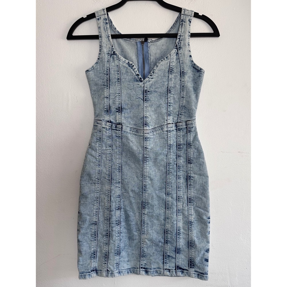 Acid Wash Denim Bodycon Mini Dress Size XS V-Neck Country Cowgirl 90s Y2K Grunge